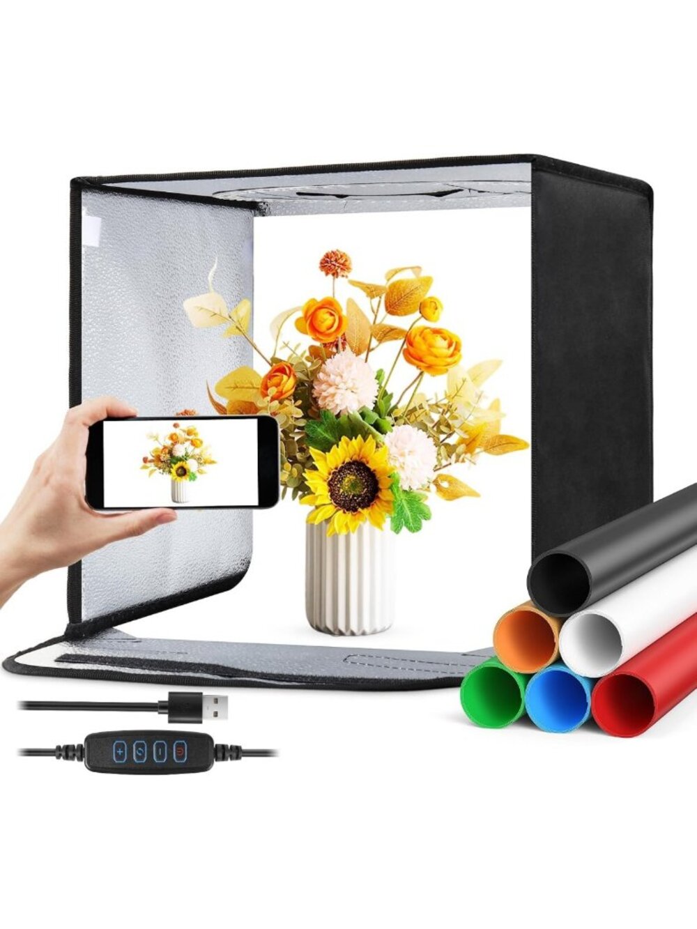 12" Photography Light Box Kit - Dimmable LED, 3 Color Temperatures & 6 Backdrops